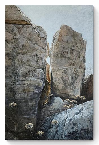 large oil painting of a rocky outcrop with delicate flowers in the foreground