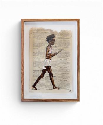 painting on old newspaper of a young girl walking