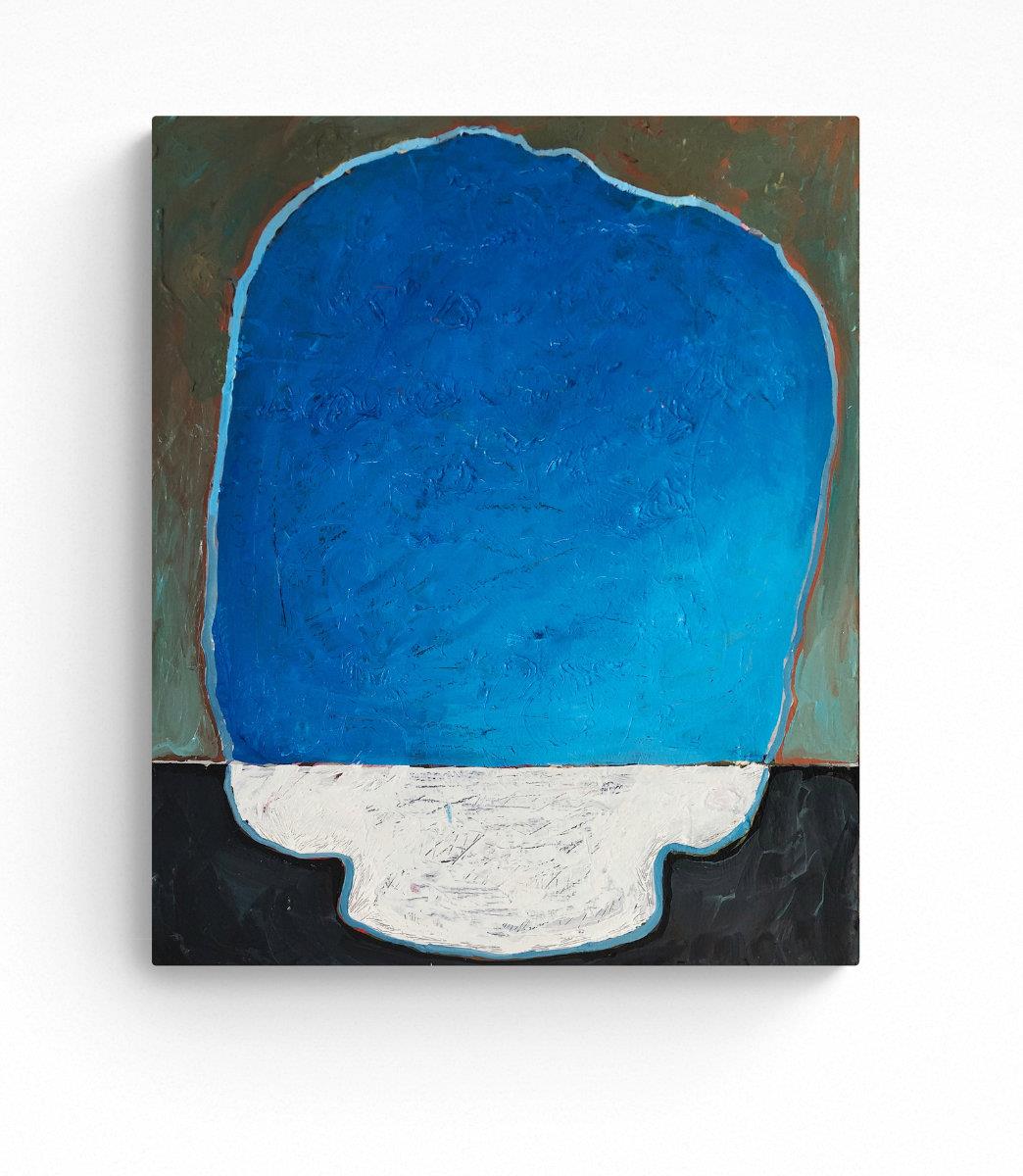 abstract oil painting in shades of blue and white loosely resembling a rock