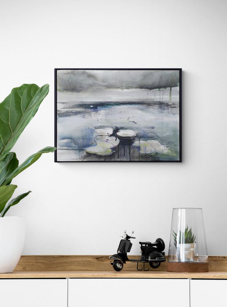 framed painting of water lilies