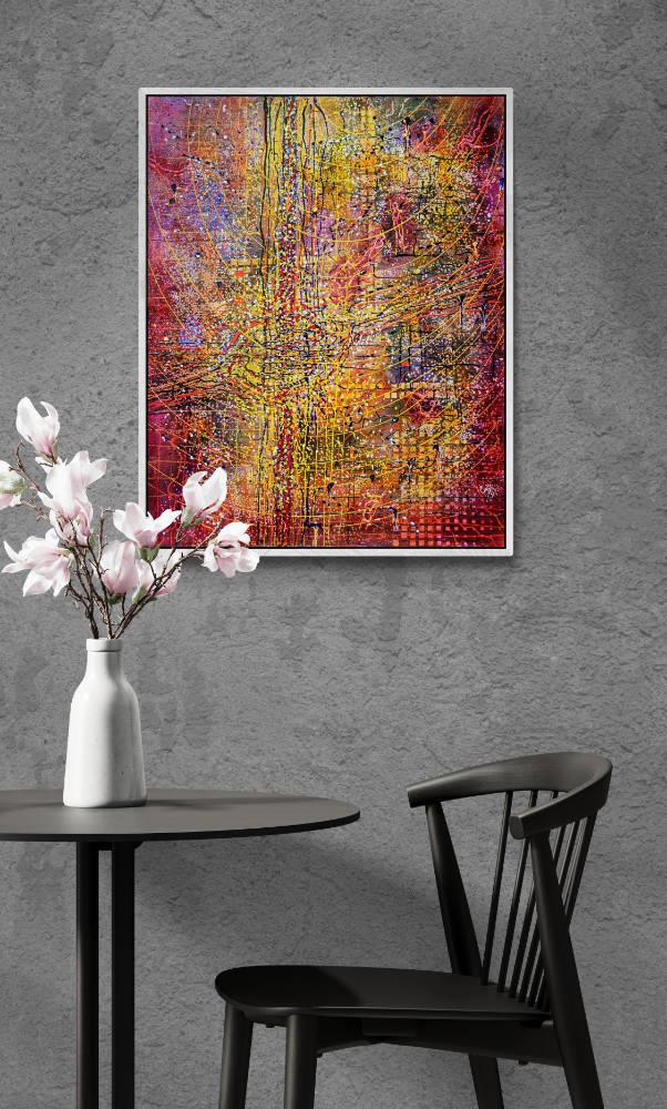 vivid abstact painting in shades of orange pink and red