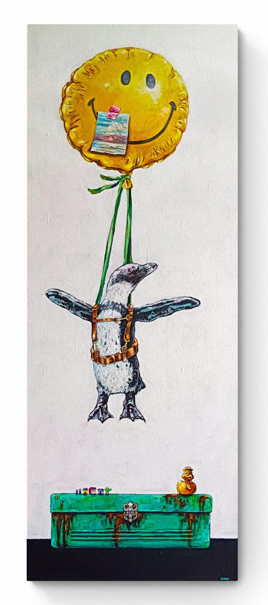 surreal painting of a penguin floating in the air with a balloon