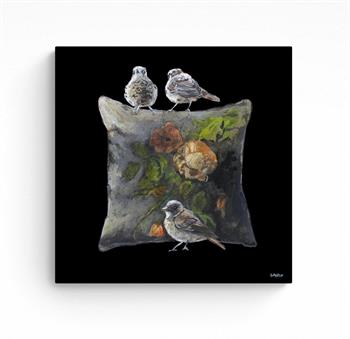 small painting on canvas of 3 sparrows perched on a cushion