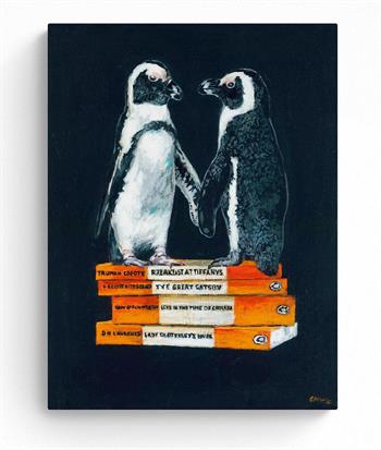 small painting of two penguins perched on top of penguin books