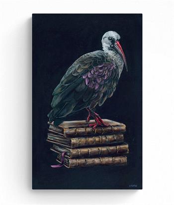 small detailed painting of a hadeda bird perched on a pile of books