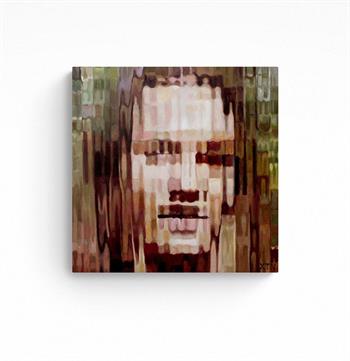 small portrait painting in a pixelated style of a young woman