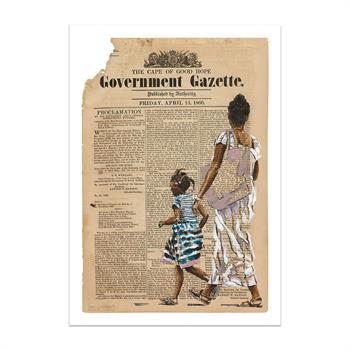 print of a painting on South African newsprint of mother and her child 