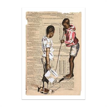 print of a painting of two African children doing household chores