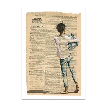print of a painting on newsprint of an African girl carrying a bucket of water