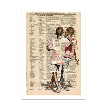print of a painting on South African newsprint of two boys