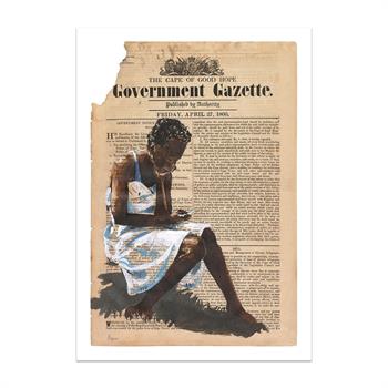 print of a painting of an African woman looking at her cellphone