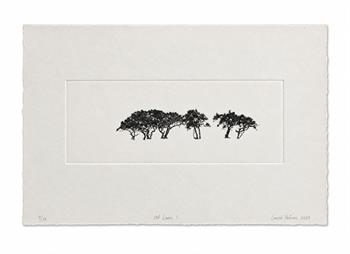 Old Lore I, a black and white drypoint etching of a row of trees by Laurel Holmes
