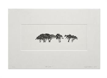 Old Lore I, a black and white drypoint etching of a row of trees by Laurel Holmes