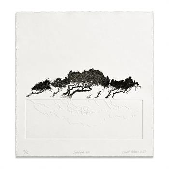 Sentient XIII by Laurel Holmes, black etching of windswept trees above an embossed landscape on white cotton rag paper.