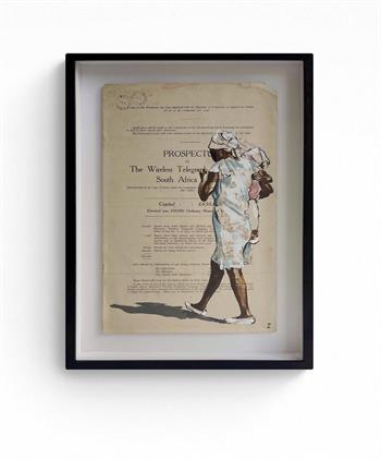 painting on stamped document dated 1926 of a woman with her child on her hip, looking at her mobile phone