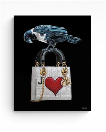 realism painting of a crow perched on top of a Dior handbag