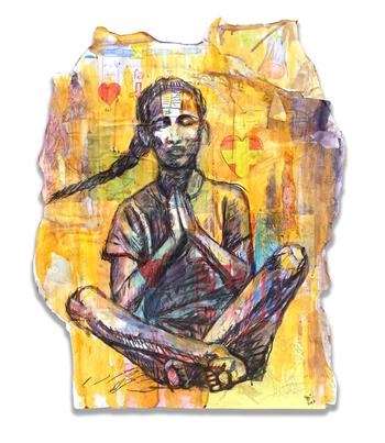 artwork depicting a young woman meditation, made of collage on card