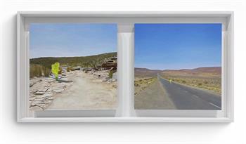 landscape painting in 2 parts depicting a figure wearing a hazmat suit in the landscape