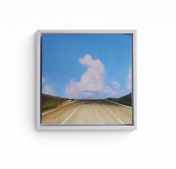 small oil painting of landscape with vehicle lights at dusk
