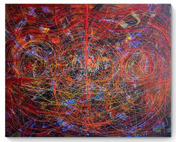 large intricate abstract painting on canvas in shades of red, blue and yellow