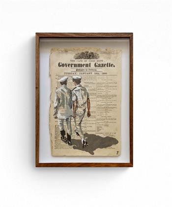 framed painting on Gazette newspaper of two naval officers 