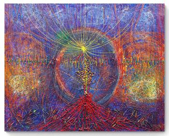 large abstract painting with beading inspired by the Origins of Mankind