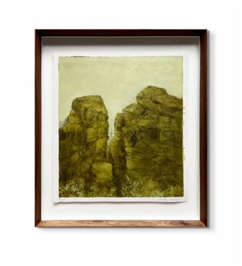 painting of a rocky outcrop of mountain is shades of sludgy green