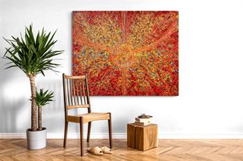 large painting in shades of orange and dred inspired by particle physics