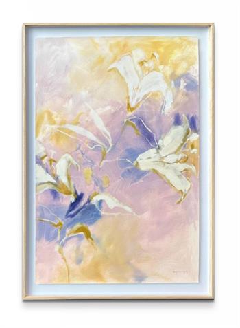 abstract floral painting in pastel shades of yellow and purple on paper framed behind glass