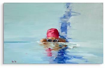 large painting depicting a competitive swimmer wearing a pink cap