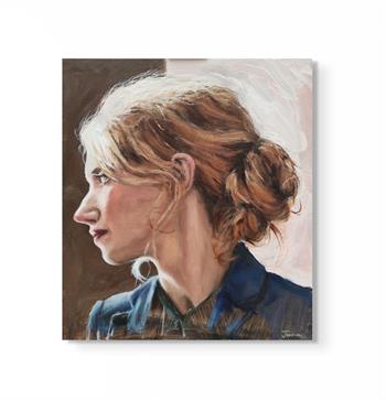 small portrait painting on board of a young blonde haired woman with her hair in a bun
