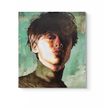 small portrait painting of a young man with his face in shadow against a green background