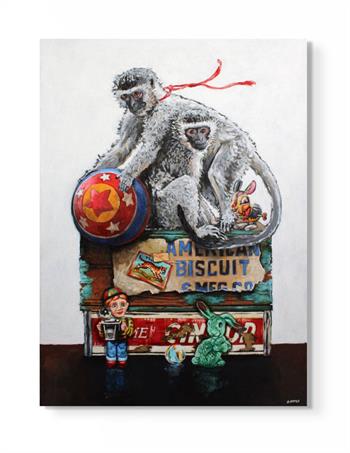 detailed painting depicting two monkeys playing on top of a vintage toy