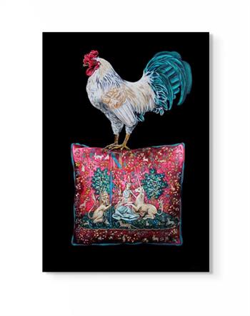 detailed painting of a rooster perched on top of a pink cushion with an embroidered unicorn