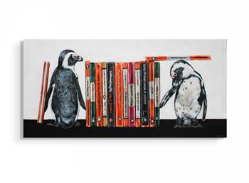 Whimsical painting depicting two small penguins as bookends to a row of penguin paperback books