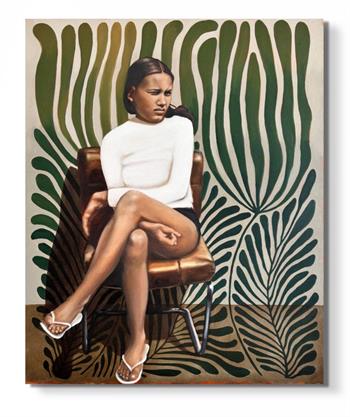 painting depicting a casually dressed young woman seated on a chair, and preoccupied with something happening 