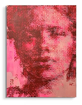 graffit style portrait painting on canvas in shades of fluorescent pink and red