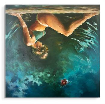 large painting depicting the reflection of a bikini clad young woman in a swimming pool