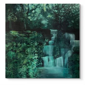large oil painting of a lush, green, forestscape with waterfall