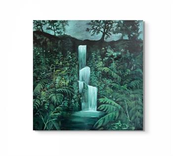 oil painting in shades of green of a forest landscape with waterfall