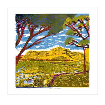 silkscreen artwork on paper depicting Table Mountain from Signal Hill