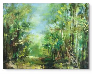 impressionist style painting of a forest scene in shades of blue and green