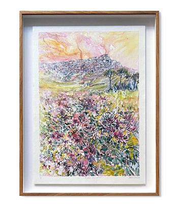 framed artwork on paper depicting Table Mountain from below by Karen Wykerd