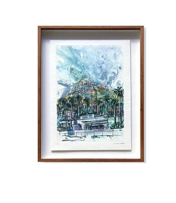 framed watercolour artwork depicting Lion's Head from Camps Bay