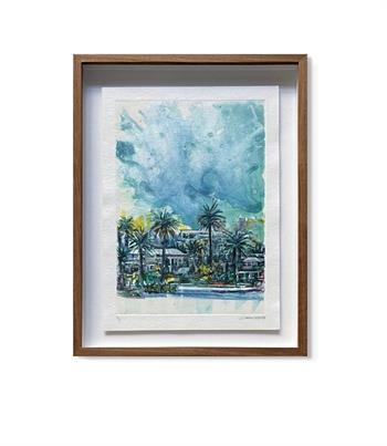framed watercolour artwork depicting Camps Bay by Karen Wykerd