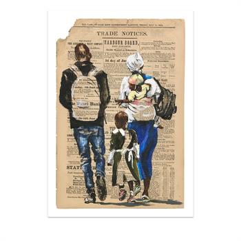 print of a painting on newspaper depicting parents taking their children to school