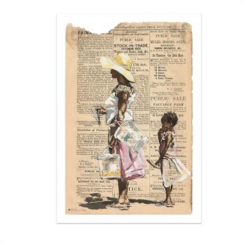 print of a painting on newspaper depicting a mother and child