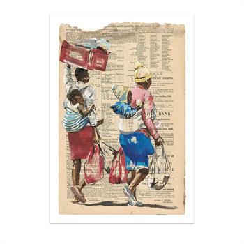 print of a painting on newsprint of African women balancing bags on their heads