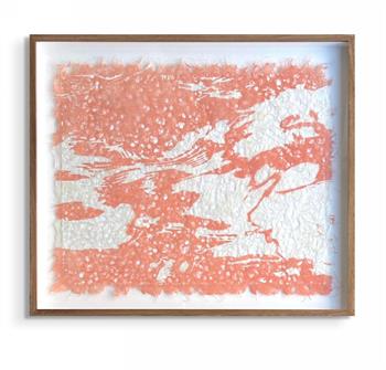 framed abstract artwork on hemp lace paper in shades of salmon pink