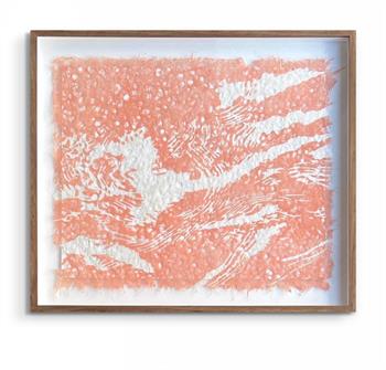 franed abstract artwork on hemp lace paper in shades of salmon pink